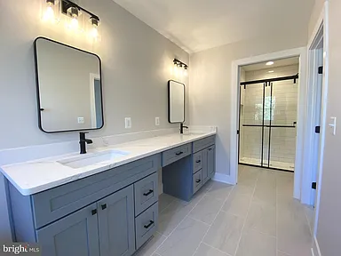 Blue vanity bathroom with shower view